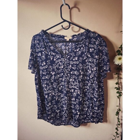 Mason & Belle Blue Floral Blouse L – Boho Button Front Peasant Top Rayon - Picture 2 of 9